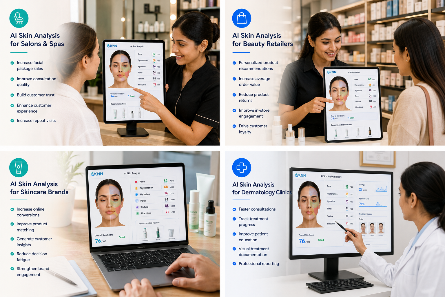 AI Skin Analysis Dashboard showing acne pigmentation hydration pores and texture analysis